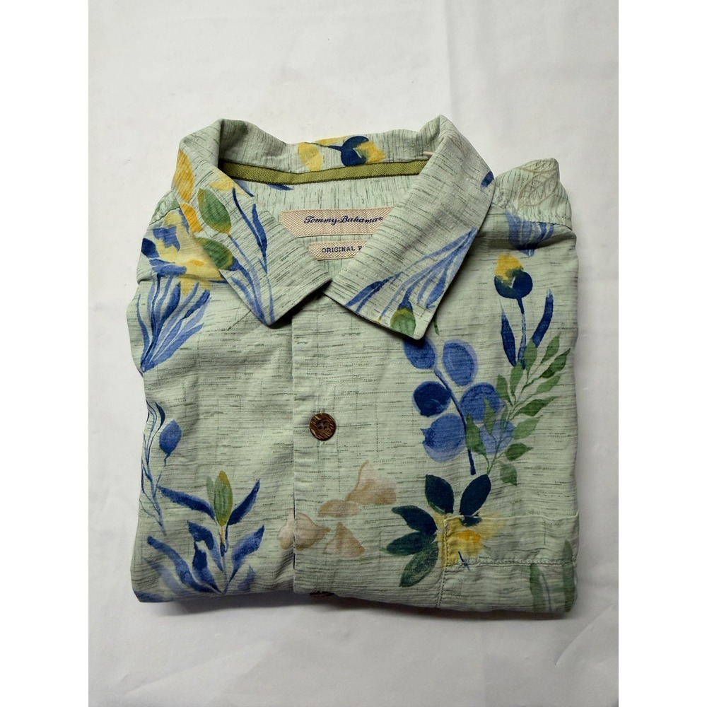 Tommy Bahama Mens Large Silk Cotton Floral Button Down Shirt Sage Green Tropical